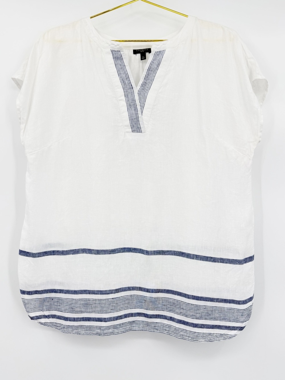 Talbots Petite 100% Linen White & Blue Striped Tunic Top Large Petite